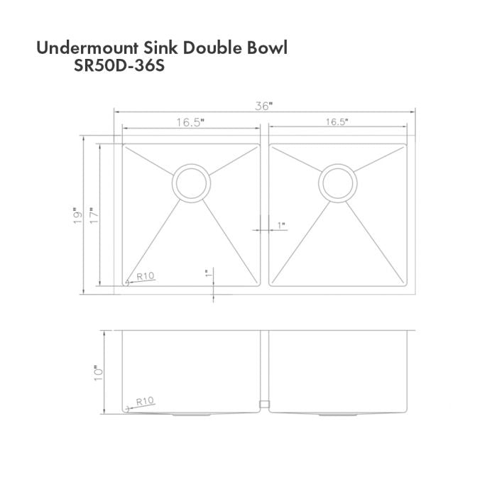 Double-bowl undermount sink dimension diagram with measurements