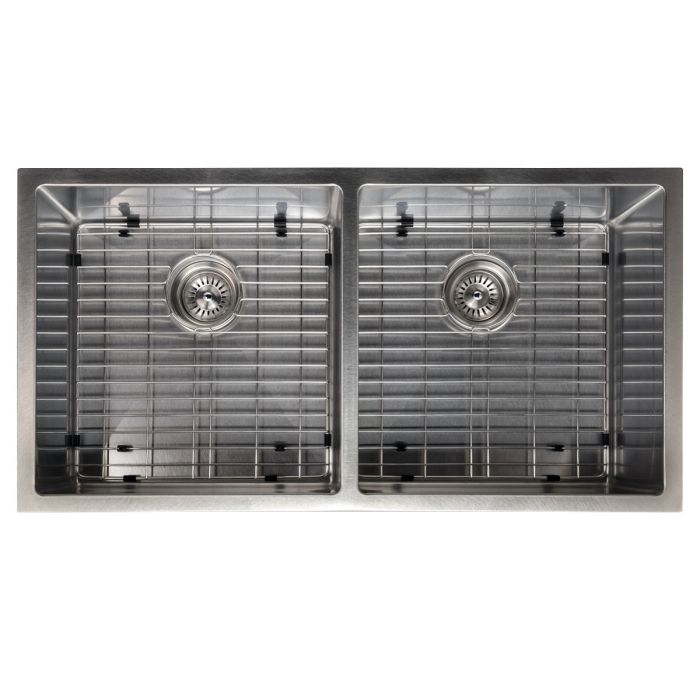 Stainless steel double-bowl kitchen sink with two drain strainers and bottom grid