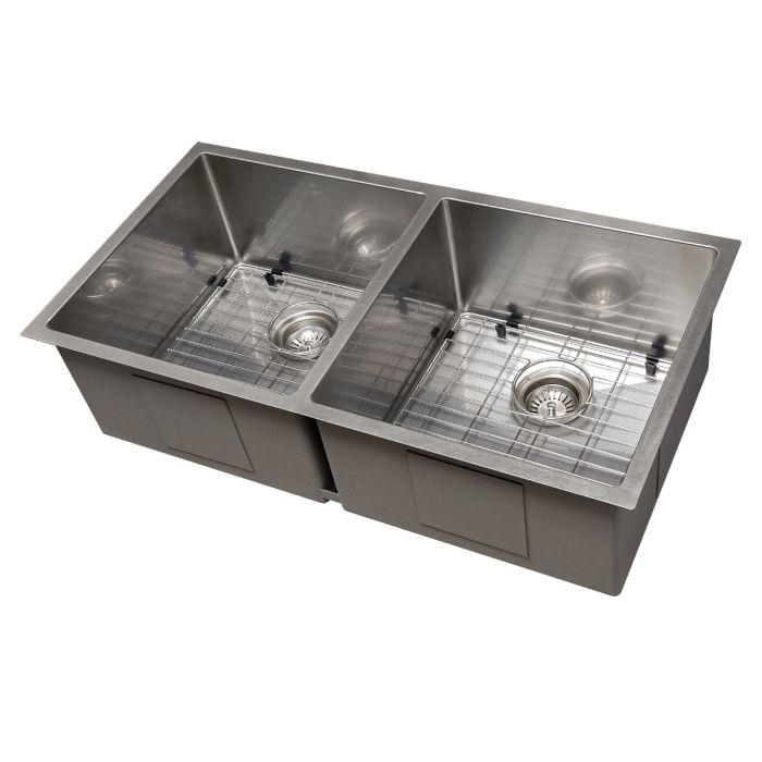 Stainless steel double-bowl sink with bottom grid and two round drain strainers