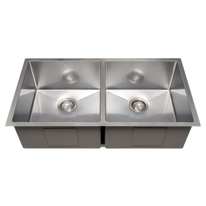 Stainless steel double-bowl kitchen sink with two round drain strainers