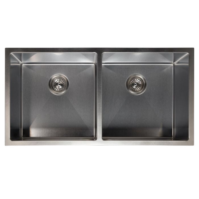 Stainless steel double-bowl kitchen sink with two round drain strainers