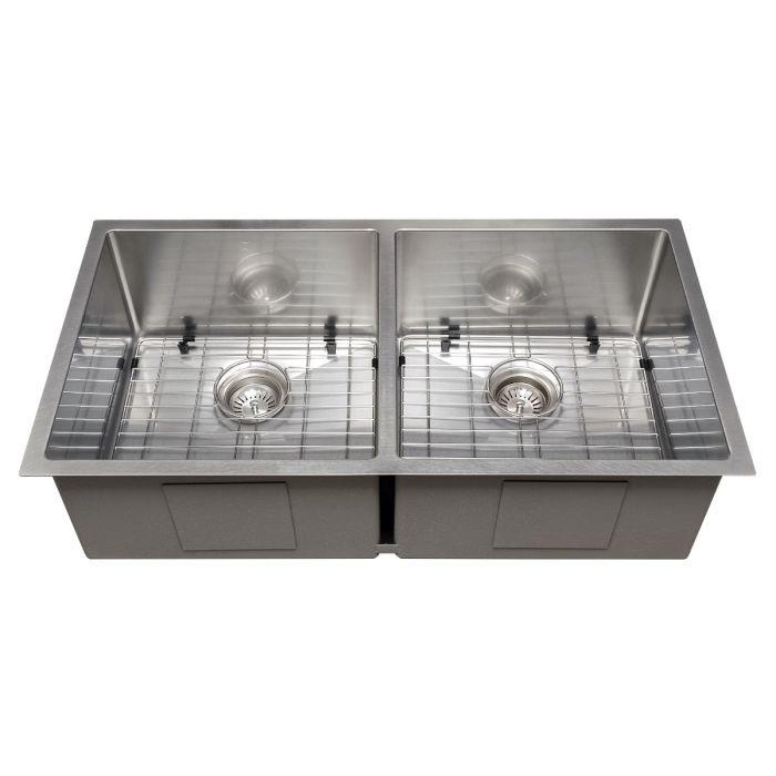 Stainless steel undermount double-bowl kitchen sink with bottom grid and two drains