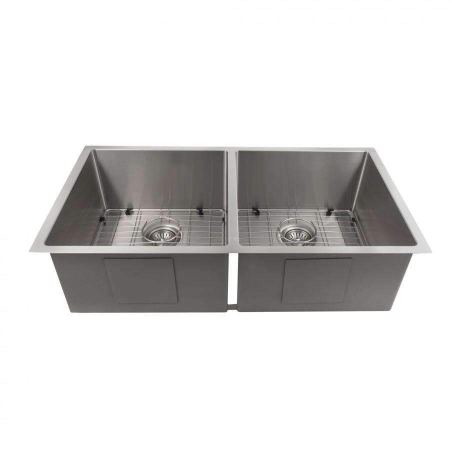 Double bowl stainless steel kitchen sink with bottom grid and drain strainers