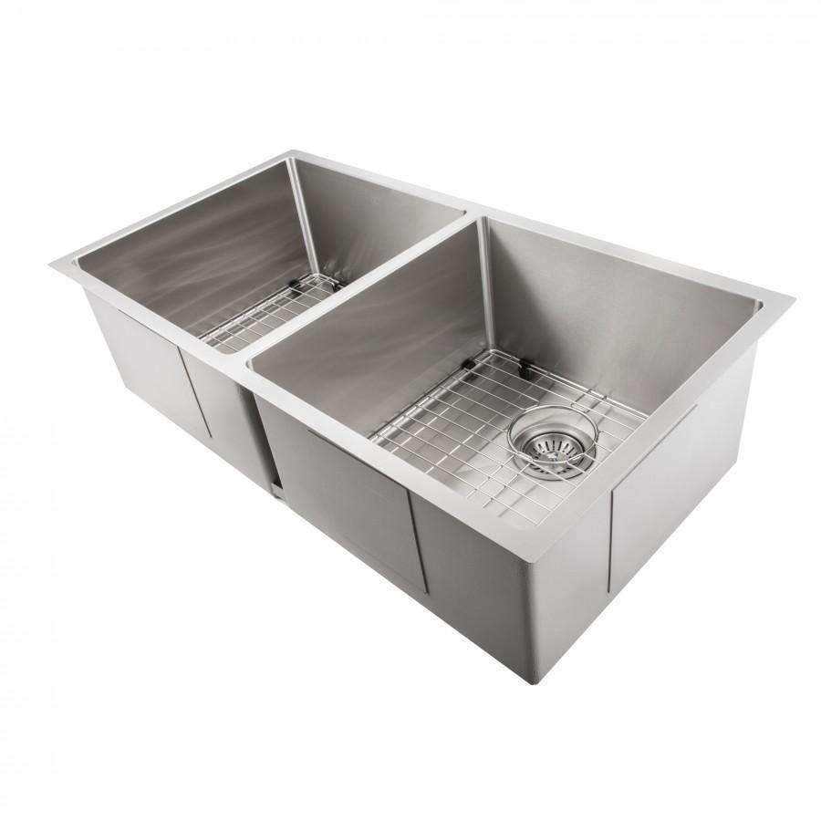 Stainless steel double undermount sink with wire racks and circular drain openings