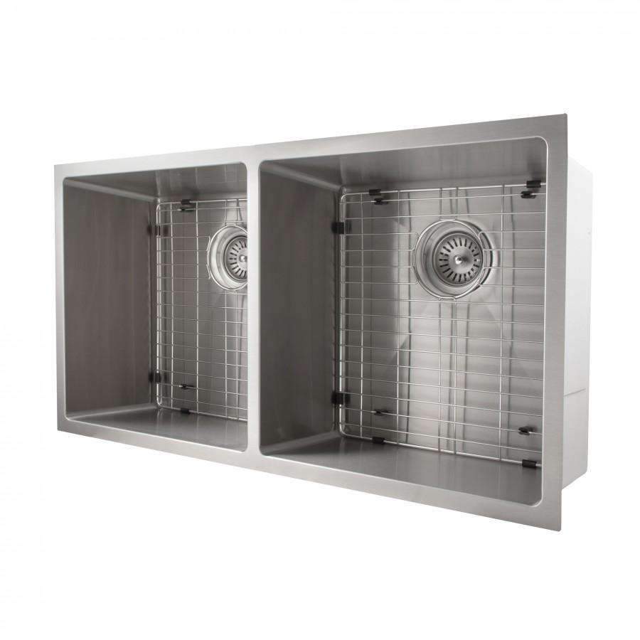Rectangular stainless steel double-bowl kitchen sink with bottom grids and drains
