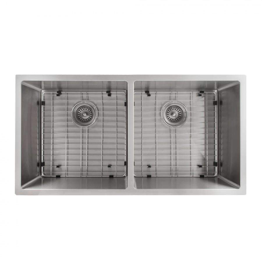 Stainless double-bowl sink with wire bottom grids and round drain strainers