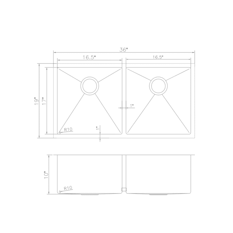 Undermount double-bowl sink dimension diagram with 36-inch overall width