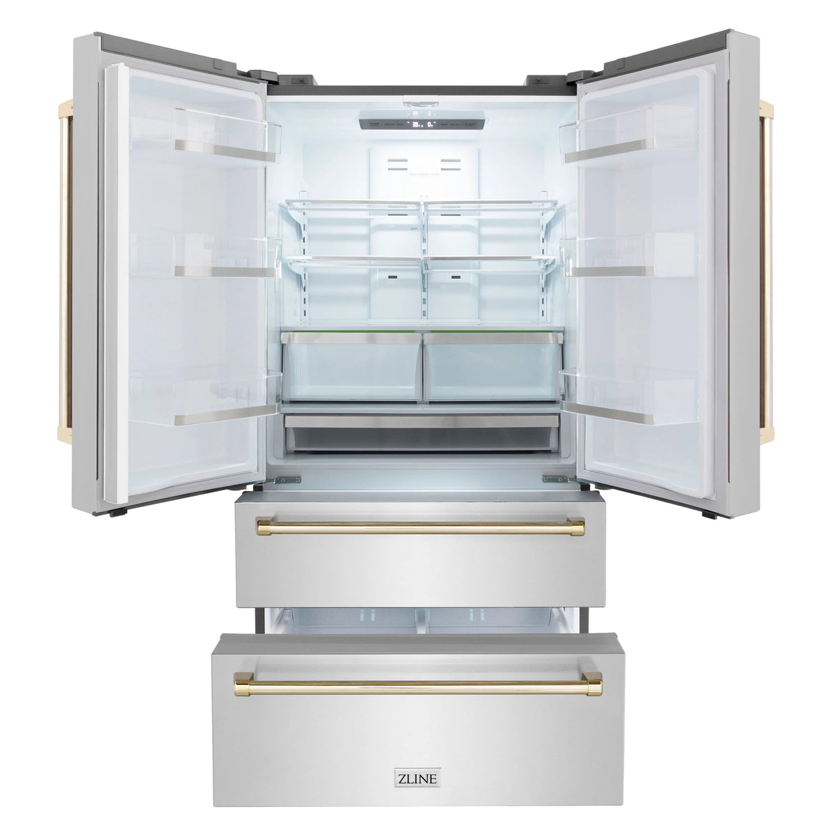 Stainless steel refrigerator with open doors, interior shelves, and gold bar handles