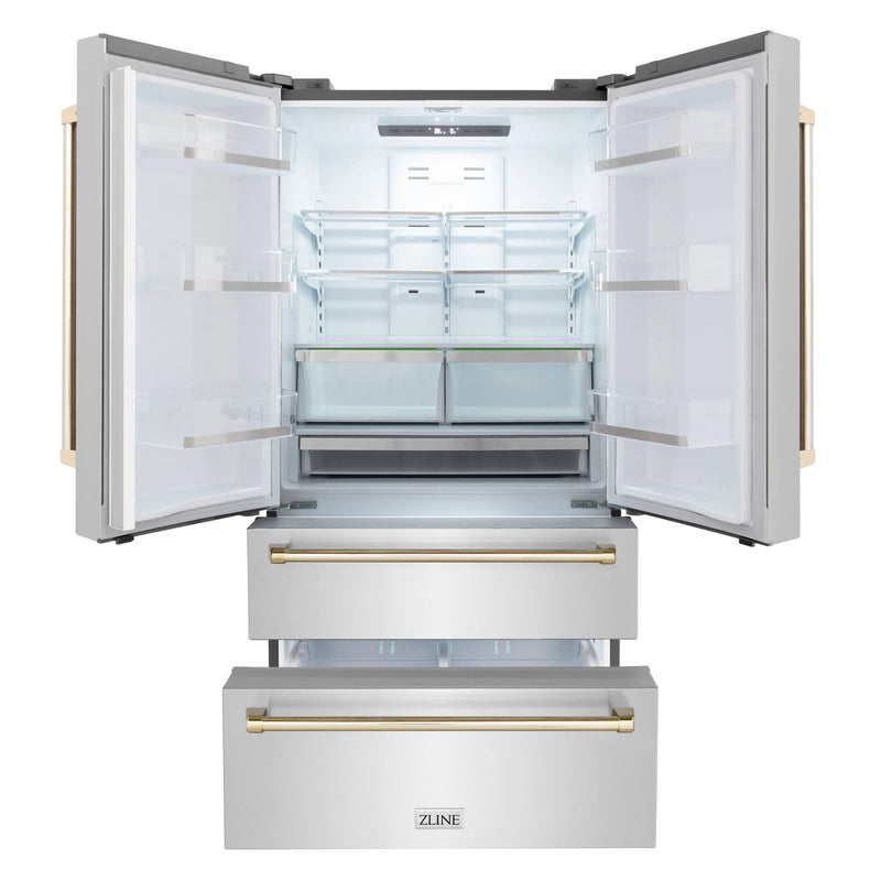 ZLINE Autograph Edition 4-Piece Appliance Package - 30-Inch Gas Range, Refrigerator, Wall Mounted Range Hood, & 24-Inch Tall Tub Dishwasher in Stainless Steel with Gold Trim (4KAPR-RGRHDWM30-G)