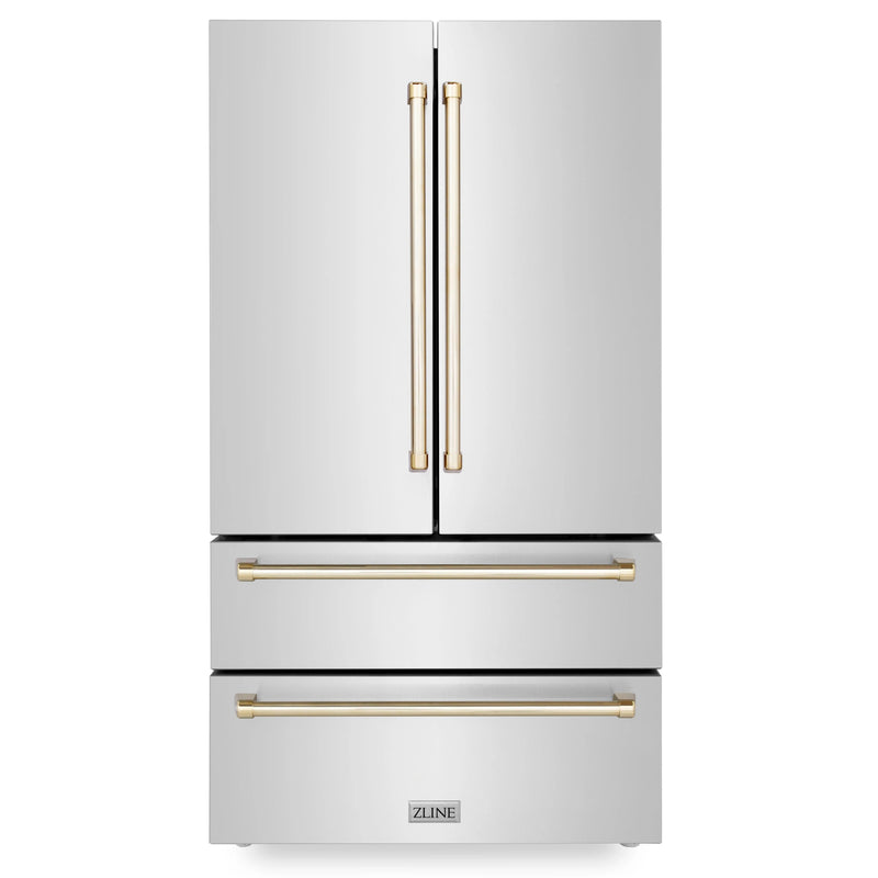 ZLINE Autograph Edition 4-Piece Appliance Package - 48-Inch Gas Range, Refrigerator, Wall Mounted Range Hood, & 24-Inch Tall Tub Dishwasher in Stainless Steel with Gold Trim (4AKPR-RGRHDWM48-G)