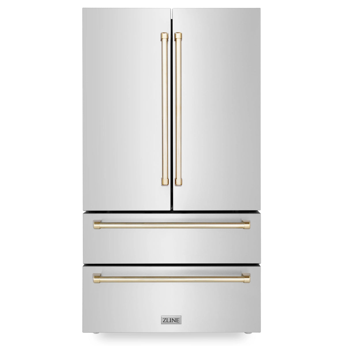 Stainless steel refrigerator with vertical gold bar handles and drawers