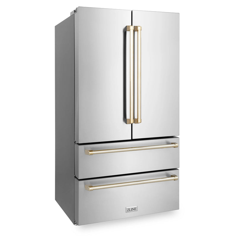 ZLINE Autograph Edition 4-Piece Appliance Package - 48-Inch Dual Fuel Range, Refrigerator, Wall Mounted Range Hood, & 24-Inch Tall Tub Dishwasher in Stainless Steel with Gold Trim (4KAPR-RARHDWM48-G)