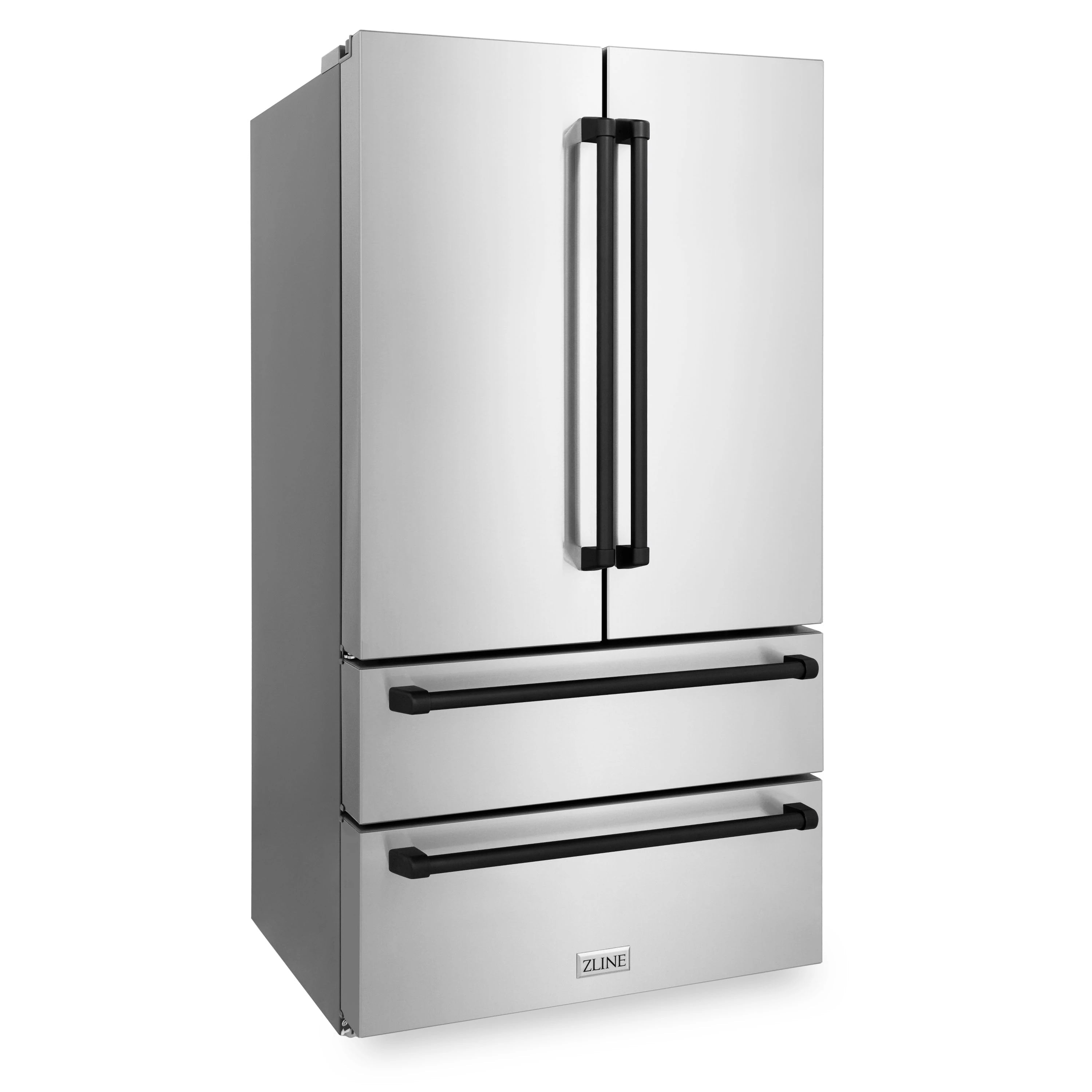 Stainless steel French-door refrigerator with vertical black handles and two drawer pulls