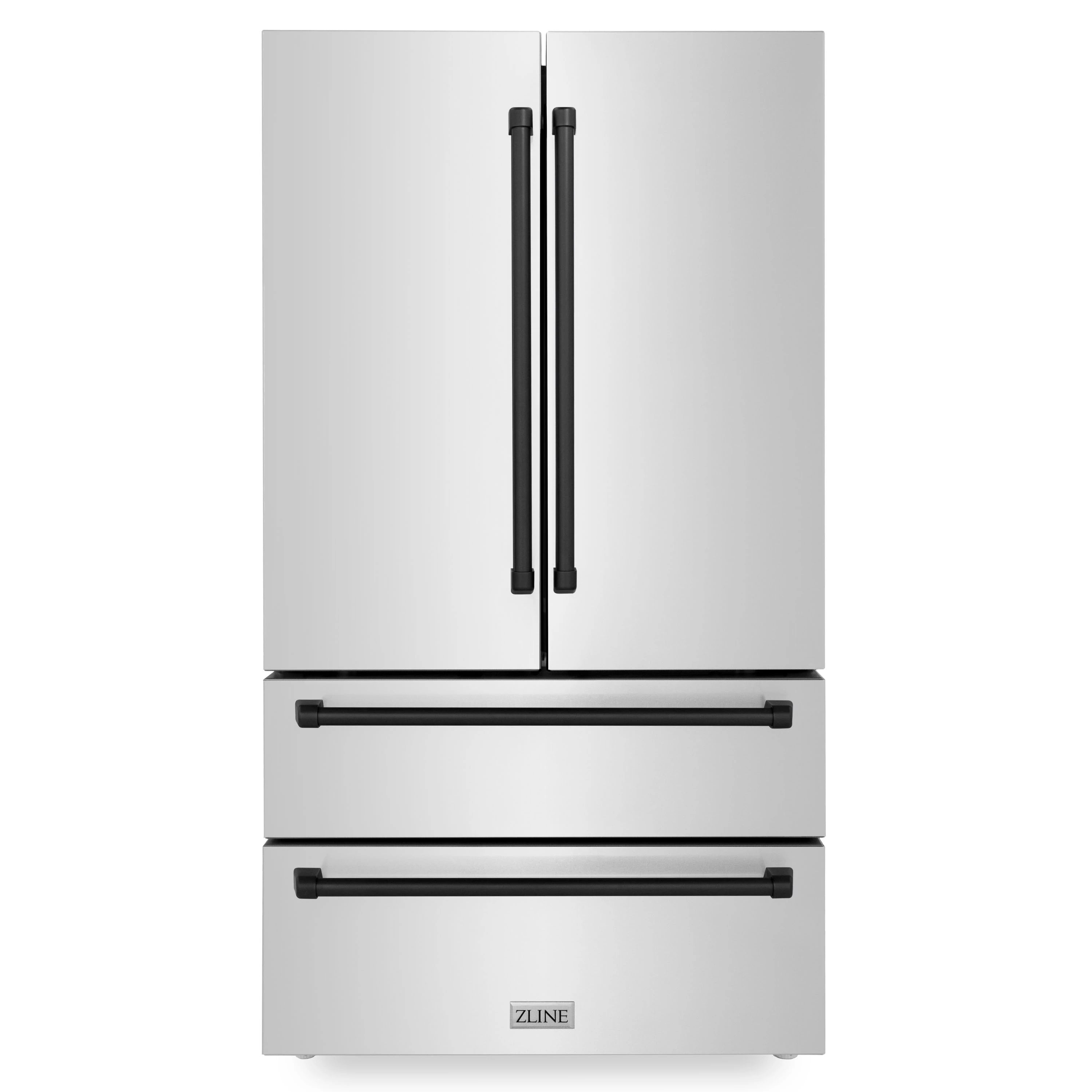 Stainless steel French-door refrigerator with vertical black handles and two black drawer pulls