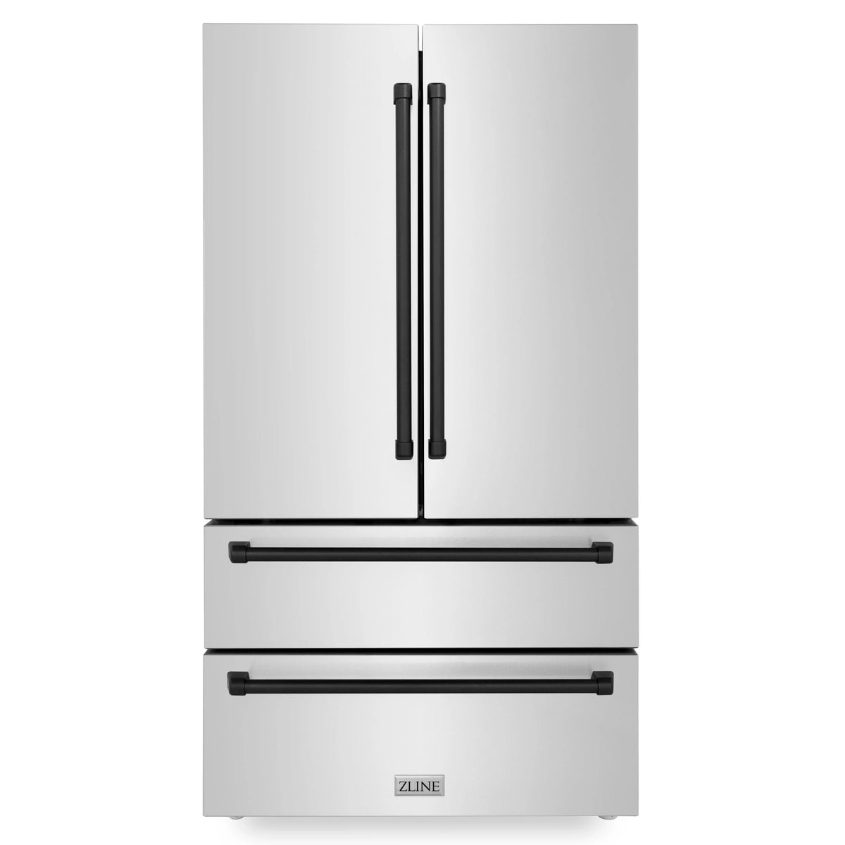 Stainless steel refrigerator with black vertical handles and bottom drawers