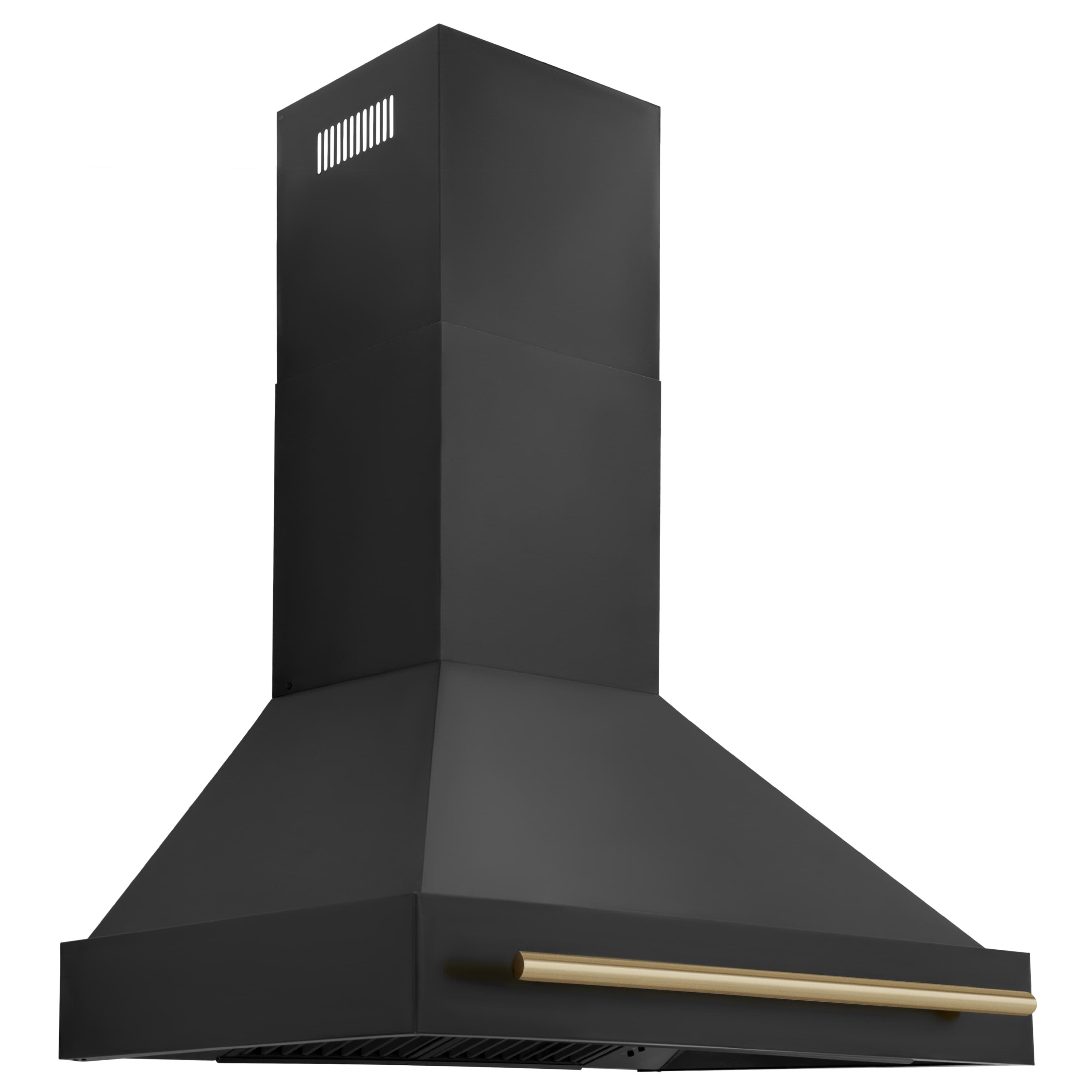 Black stainless steel wall mount range hood with champagne bronze handle and side venting