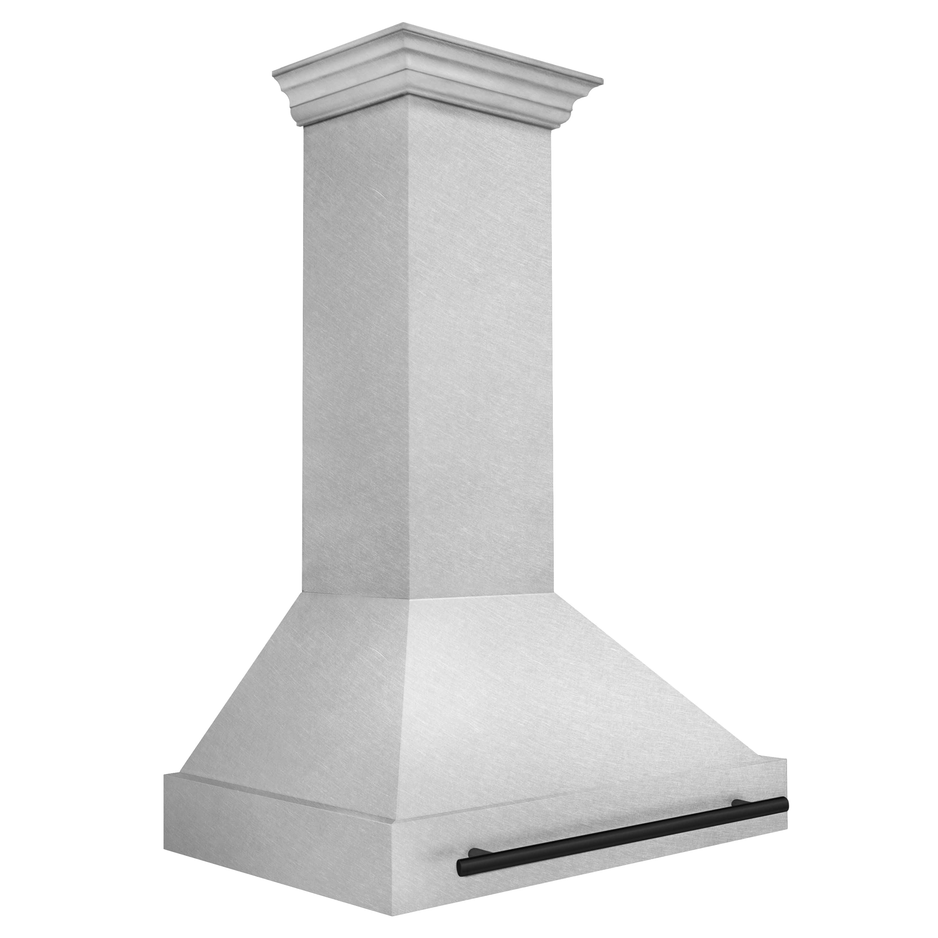 Satin stainless steel wall mount range hood with matte black horizontal handle