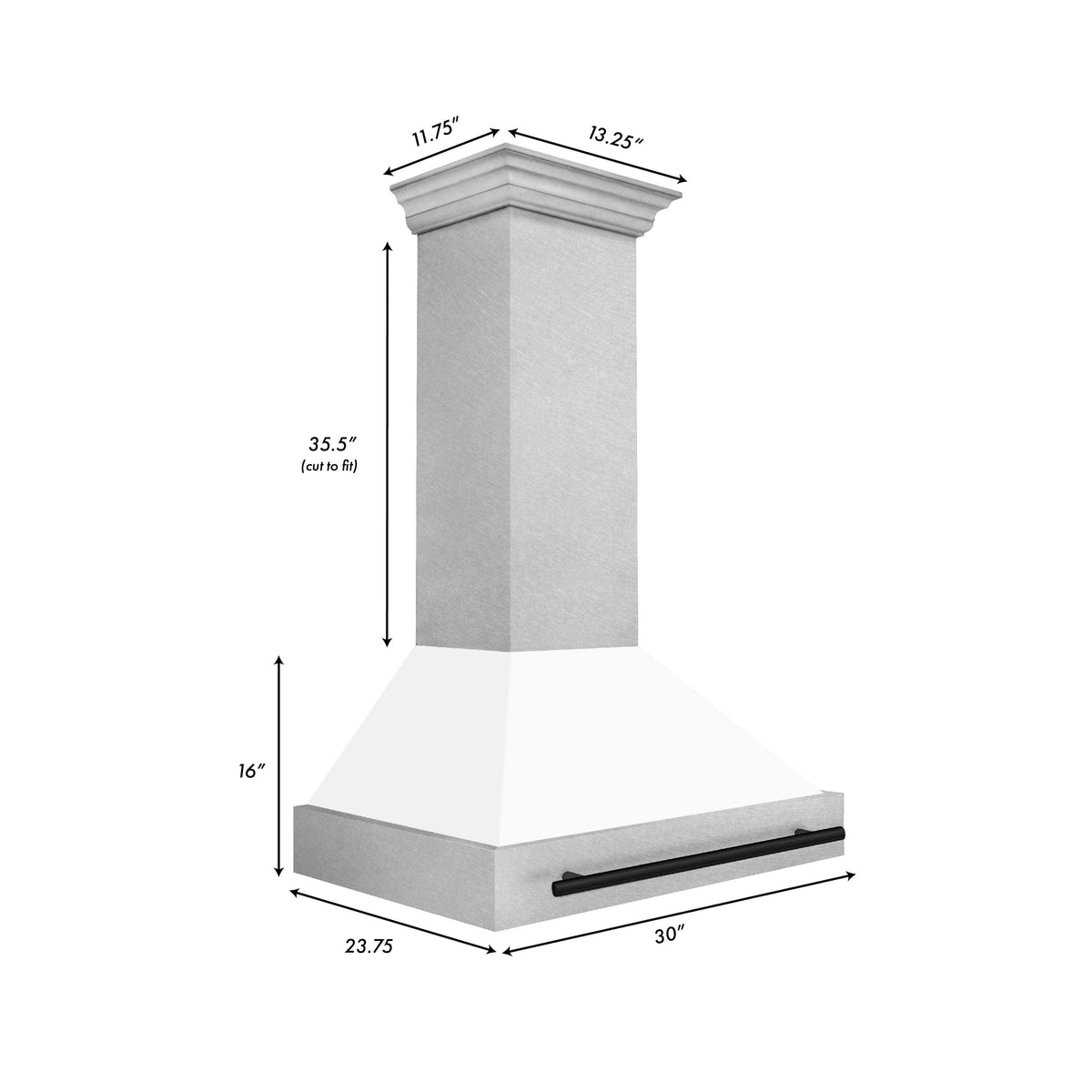 Wall mount range hood dimensions diagram with satin chimney and matte black handle