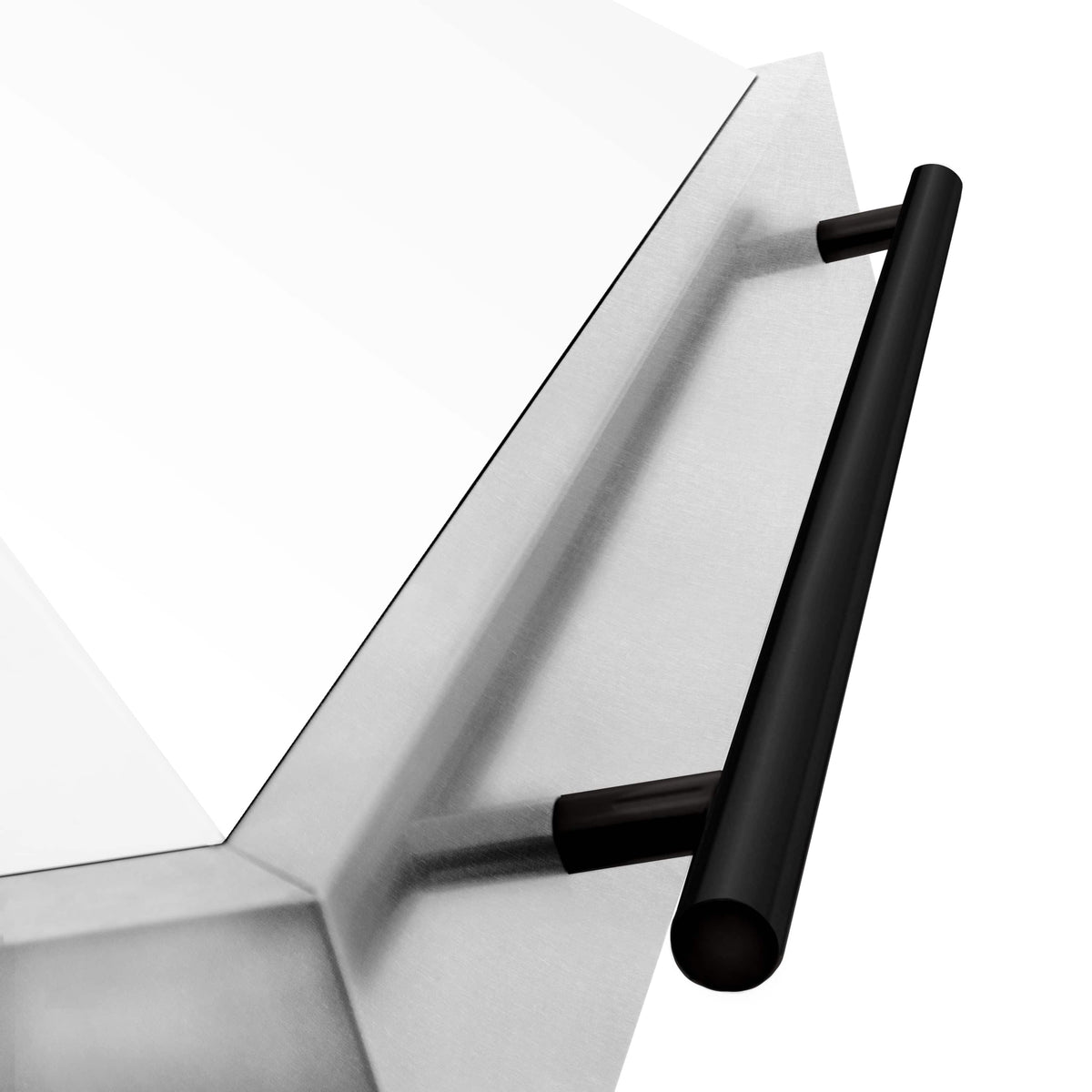 Wall mount range hood side detail with satin stainless chimney and matte black handle