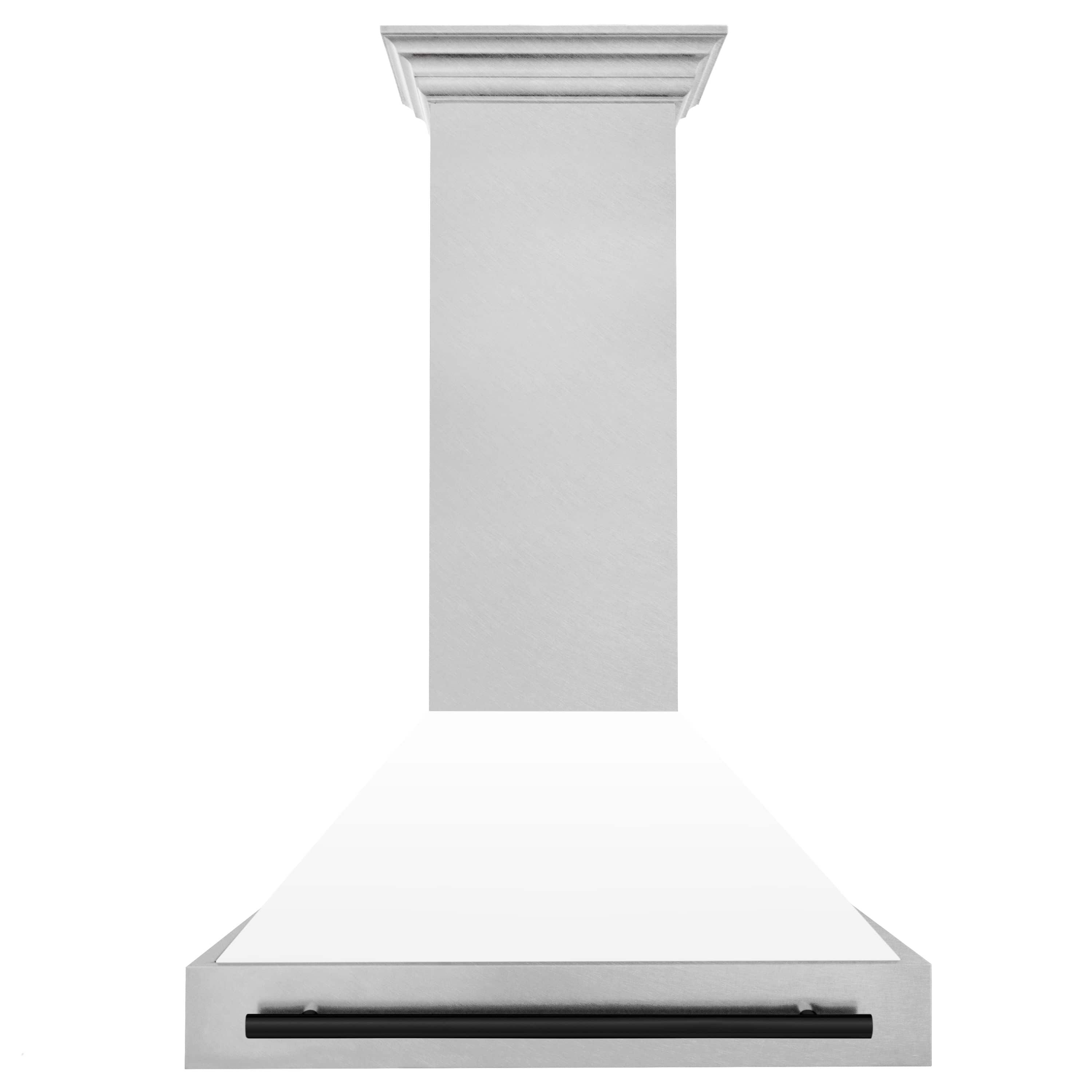 Wall mount range hood with satin stainless chimney and matte black horizontal handle