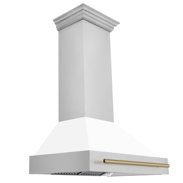 ZLINE 36" Autograph Edition Wall Mount Range Hood in Stainless Steel with White Matte Shell and Champagne Bronze Handle (8654STZ-WM36-CB) Range Hoods ZLINE 
