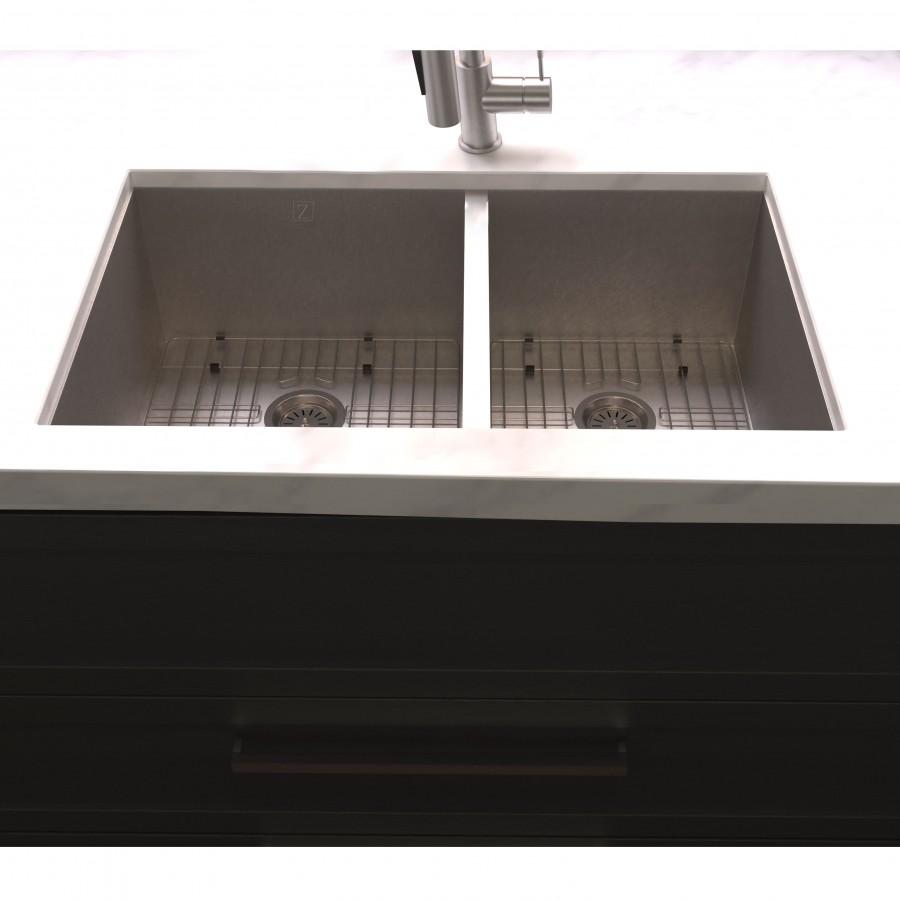 Stainless steel double-bowl kitchen sink with bottom grid, undermount design