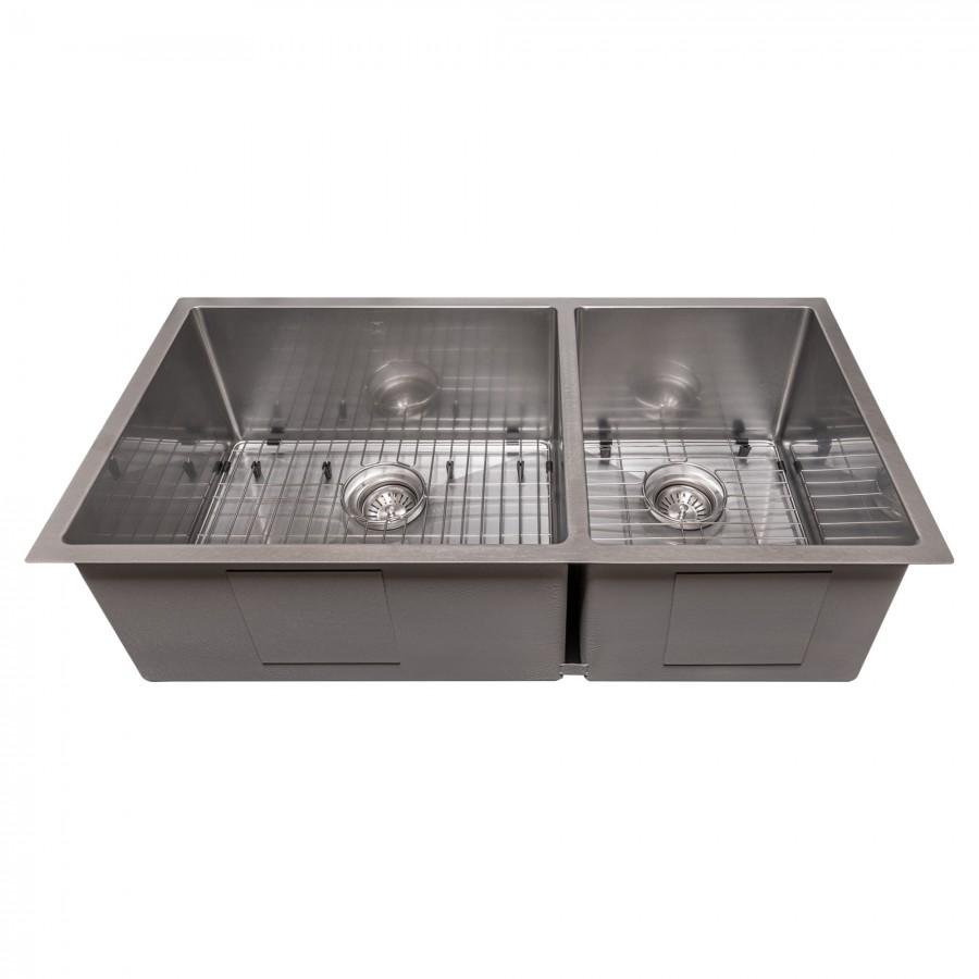 Stainless steel undermount double-bowl sink with wire rack and drain strainers