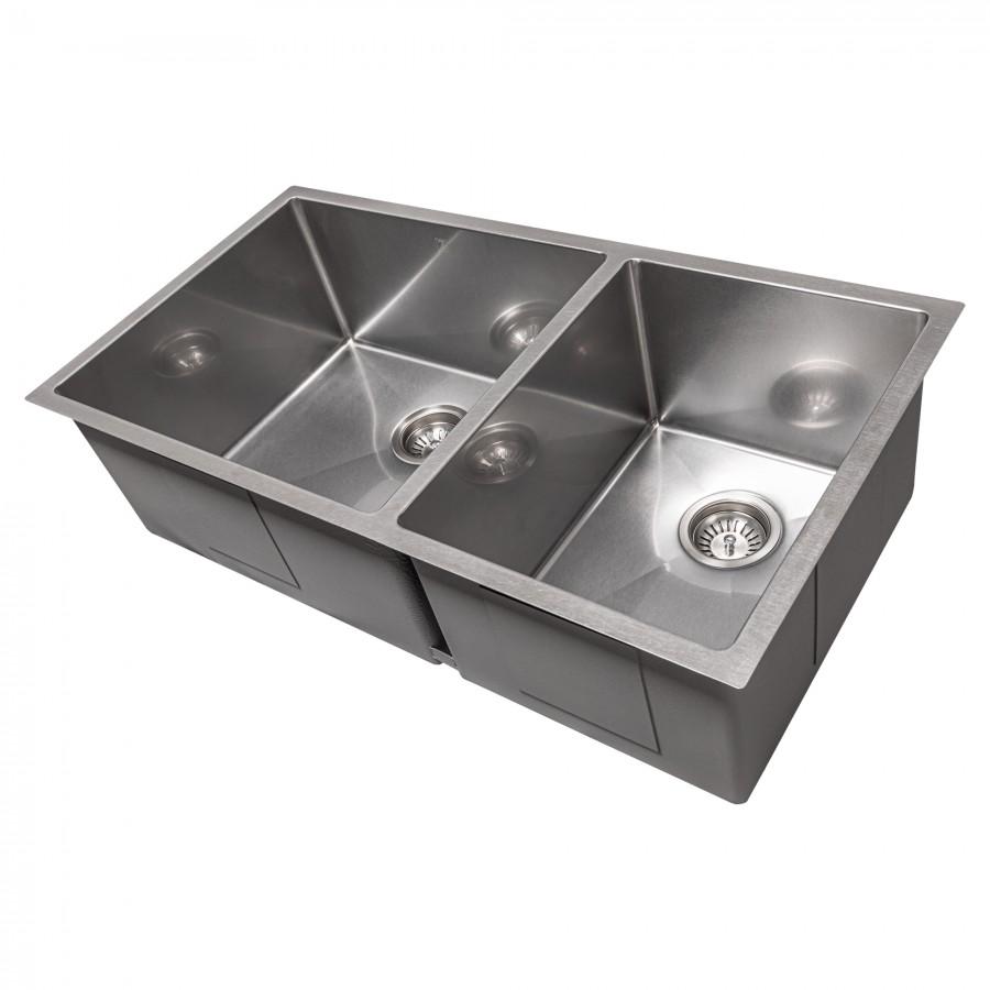 Stainless steel undermount double-bowl sink with drain strainers and deep basins