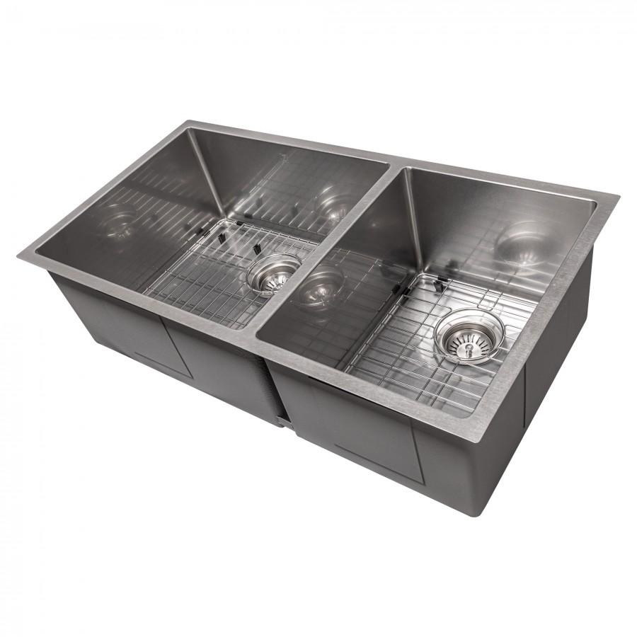 Stainless steel double-bowl sink with two basins and built-in drain assemblies