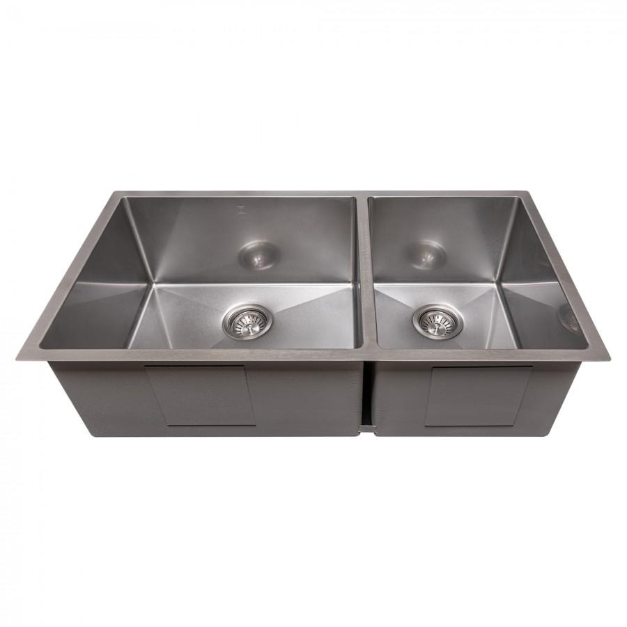 Stainless steel double-bowl sink with two basins and central divider