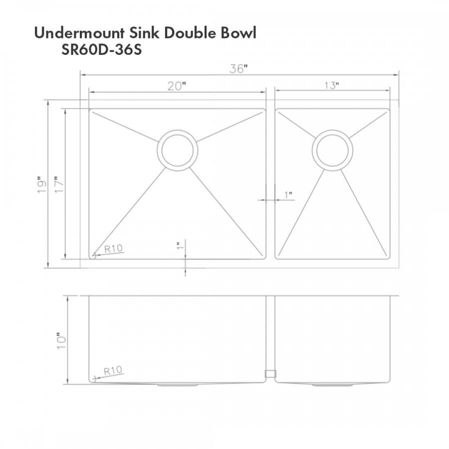 Dimension diagram for undermount double-bowl stainless sink SR60D-36S