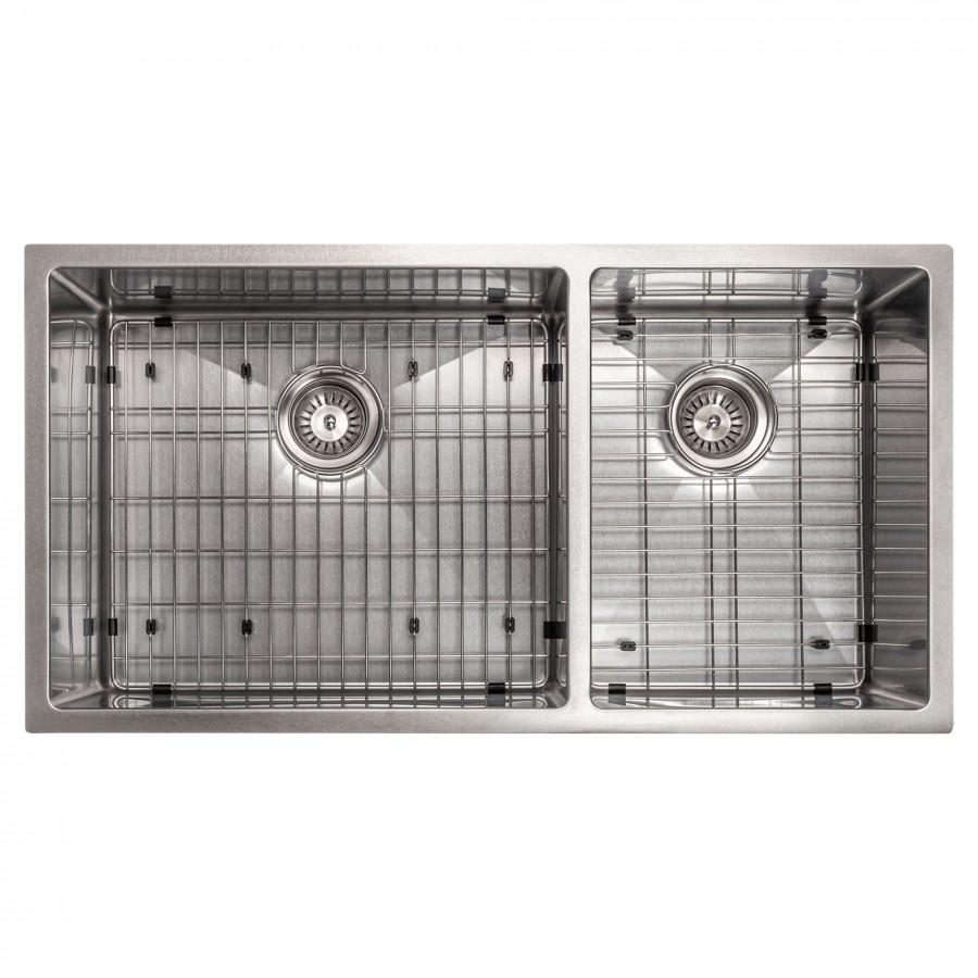 Top view of stainless steel double-bowl sink with grid racks and drain strainers