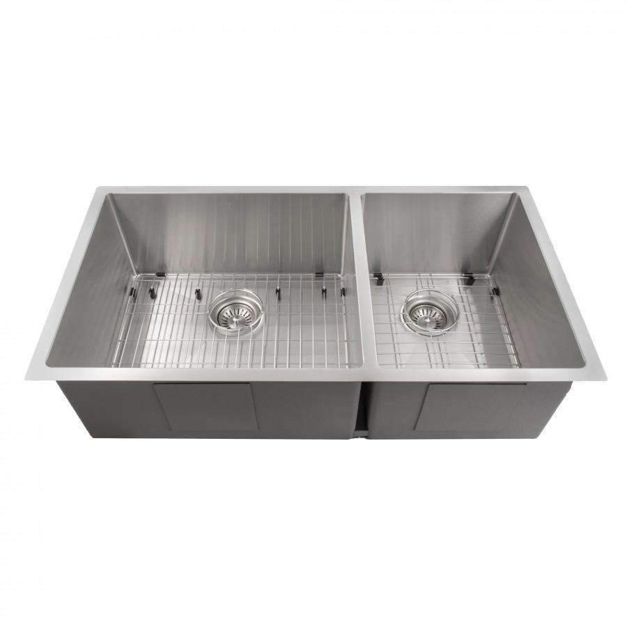 Stainless steel double-bowl sink with two grids and round drain strainers