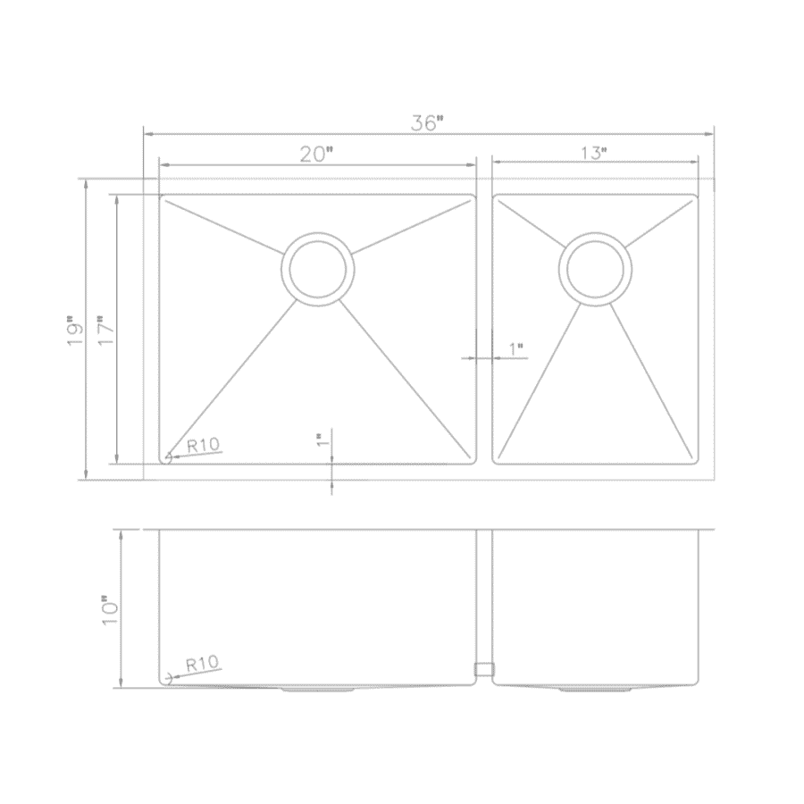 Technical line drawing of double-bowl sink dimensions in inches