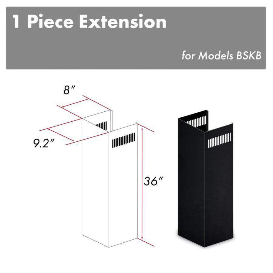 Black stainless 1-piece chimney extension, rectangular vented duct, top cap openings.