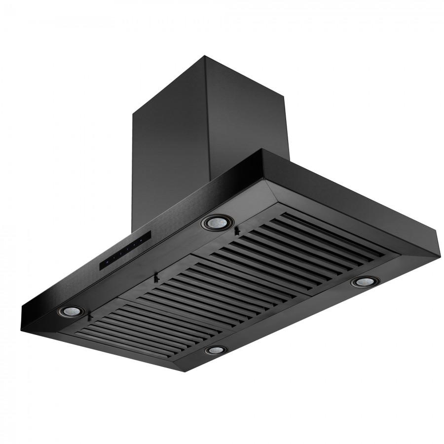 Black stainless steel island range hood with vented grill and circular lights