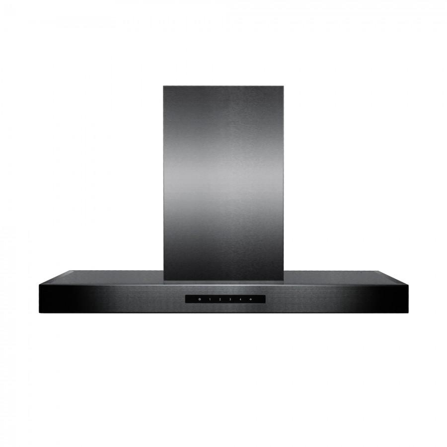 Black stainless steel island range hood with front control panel and chimney stack