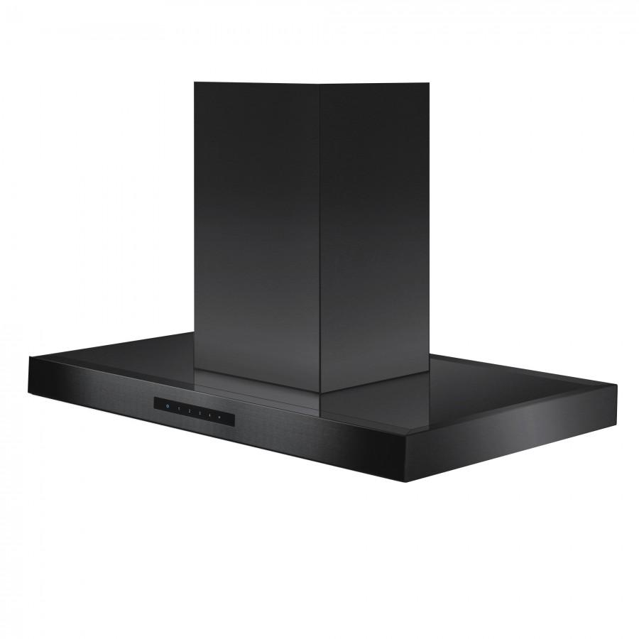 Black stainless steel island range hood with chimney duct cover and control bar