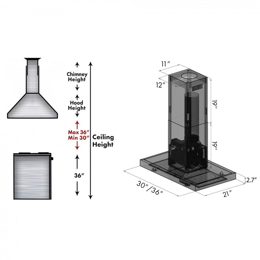 Island range hood installation height and clearance dimension diagram