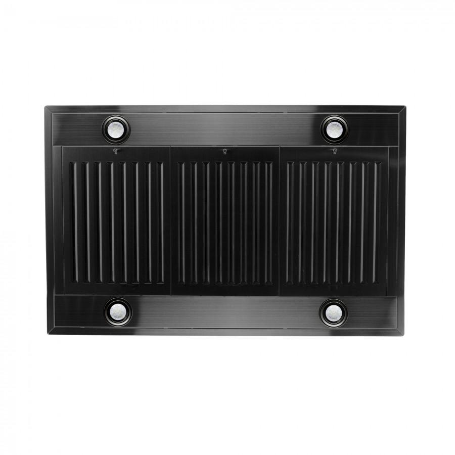 Black stainless steel range hood bottom panel with vent grates and four spotlight rings