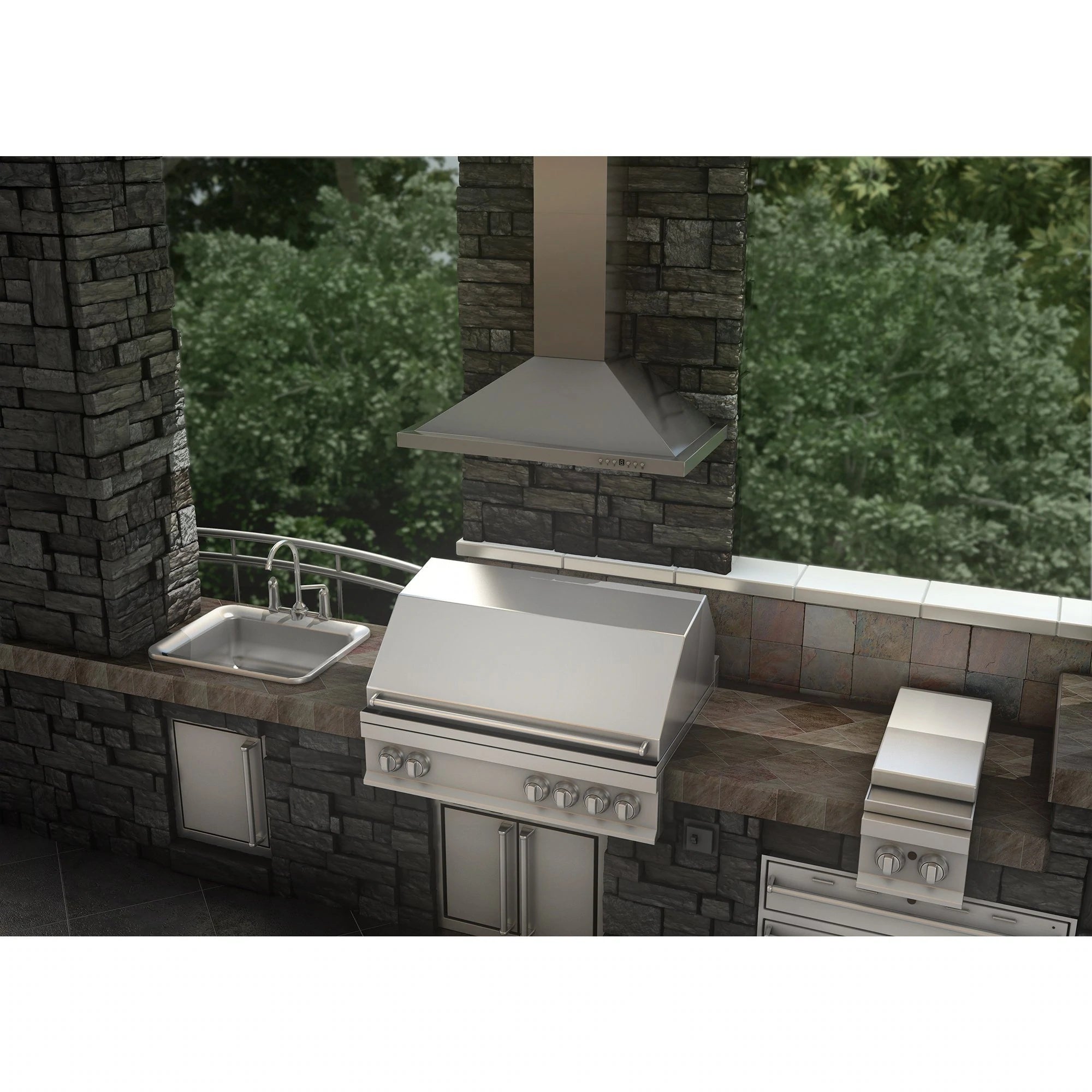 Stainless steel outdoor wall-mount range hood with chimney and canopy