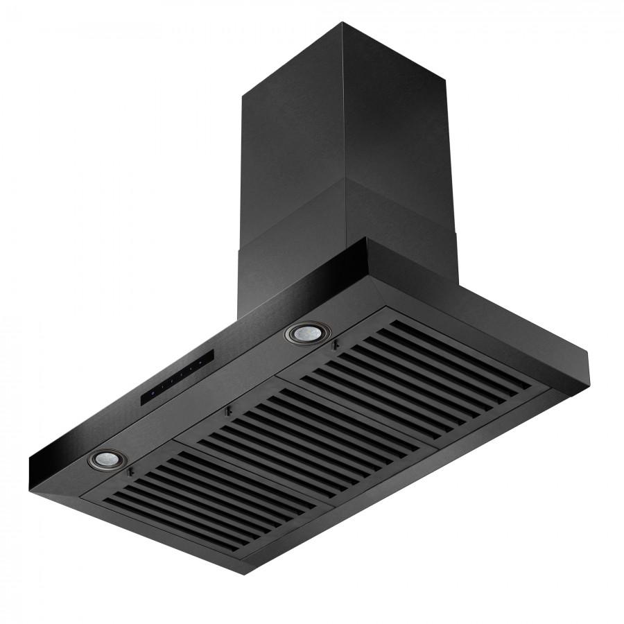 Black stainless wall mount range hood with angled chimney and vent grilles