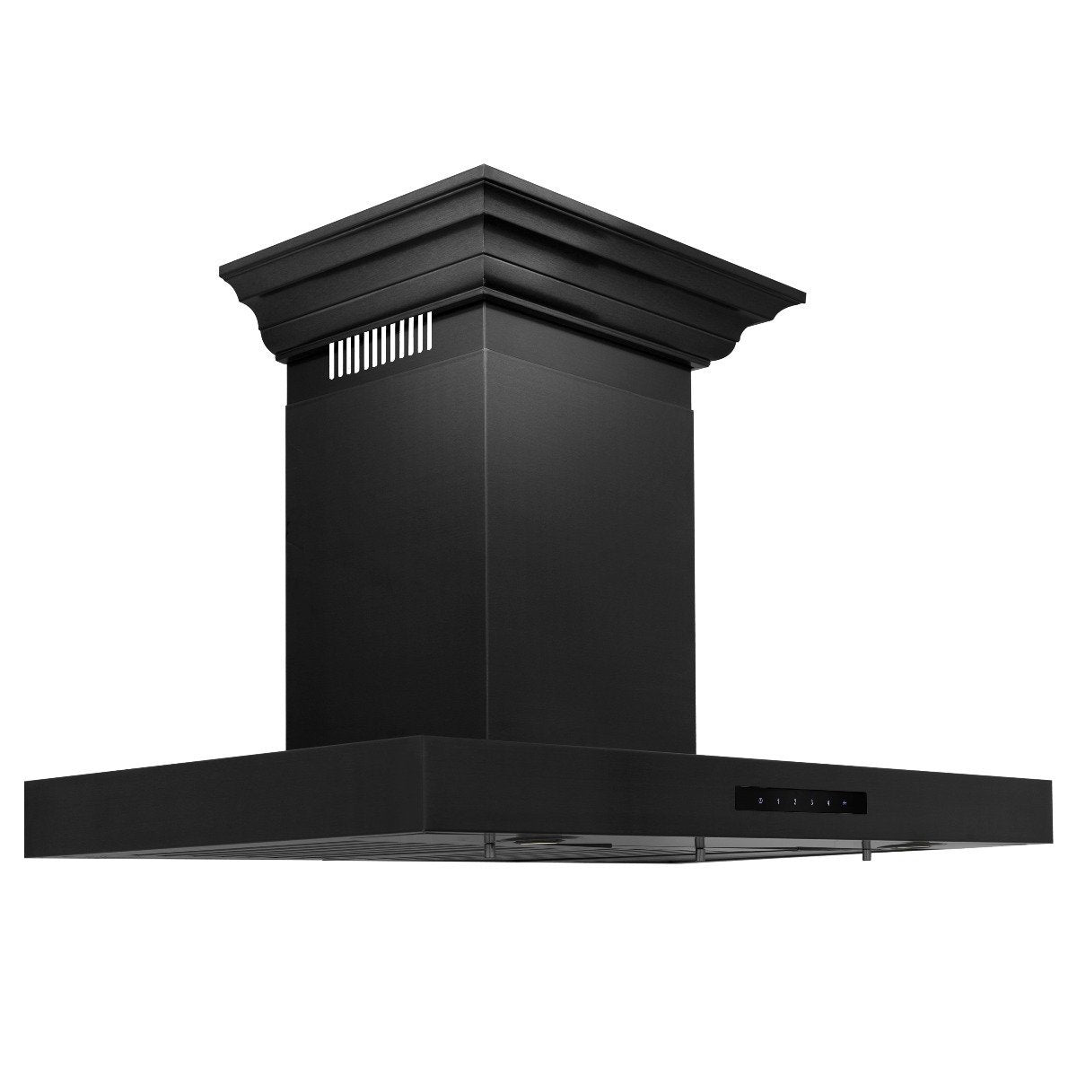 Black stainless wall range hood with crown molding and recessed vent grille