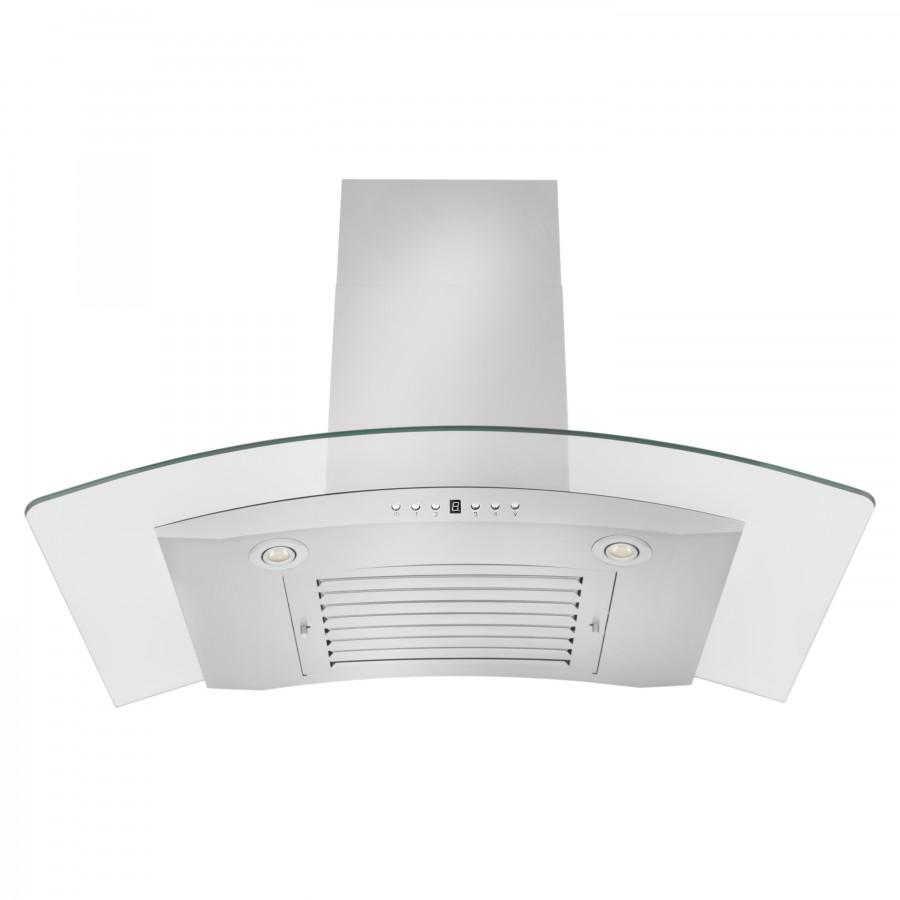 Wall mount range hood front with glass canopy, twin lights, and vent grille