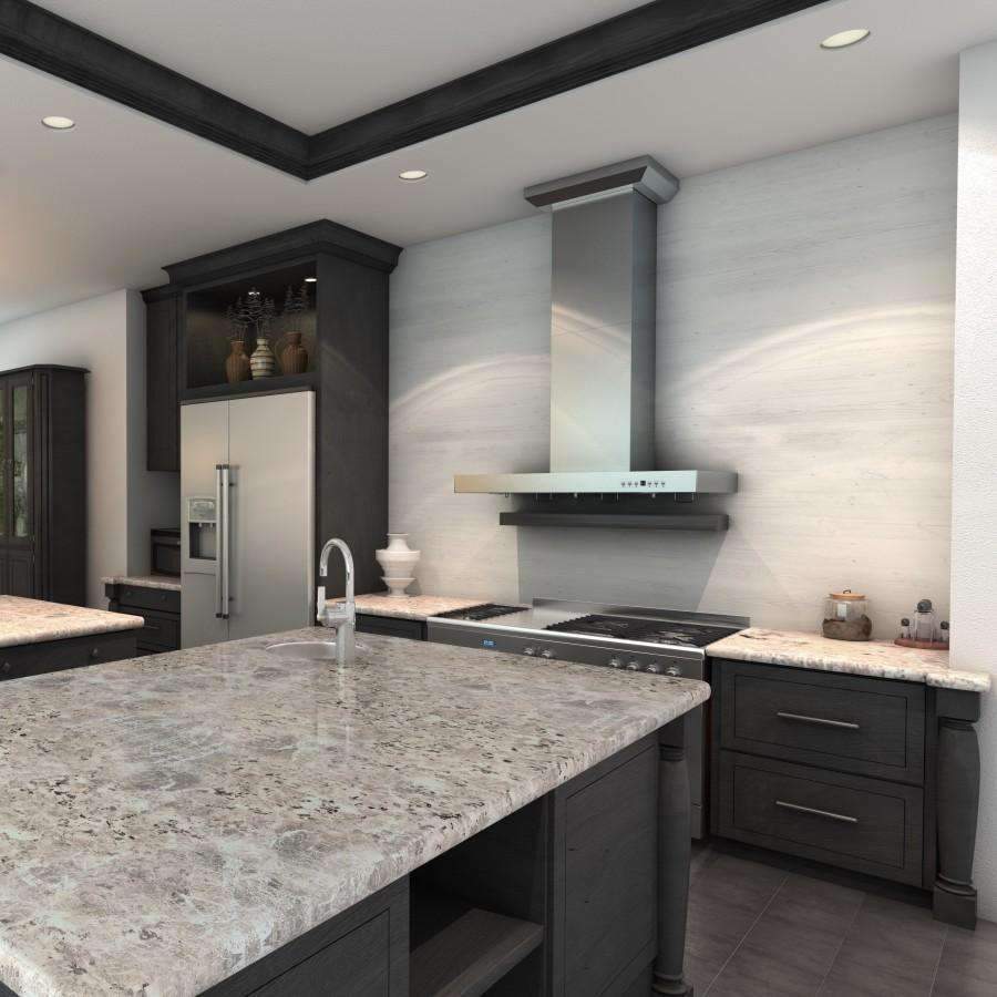 Stainless steel convertible range hood centered above black cooktop in modern kitchen