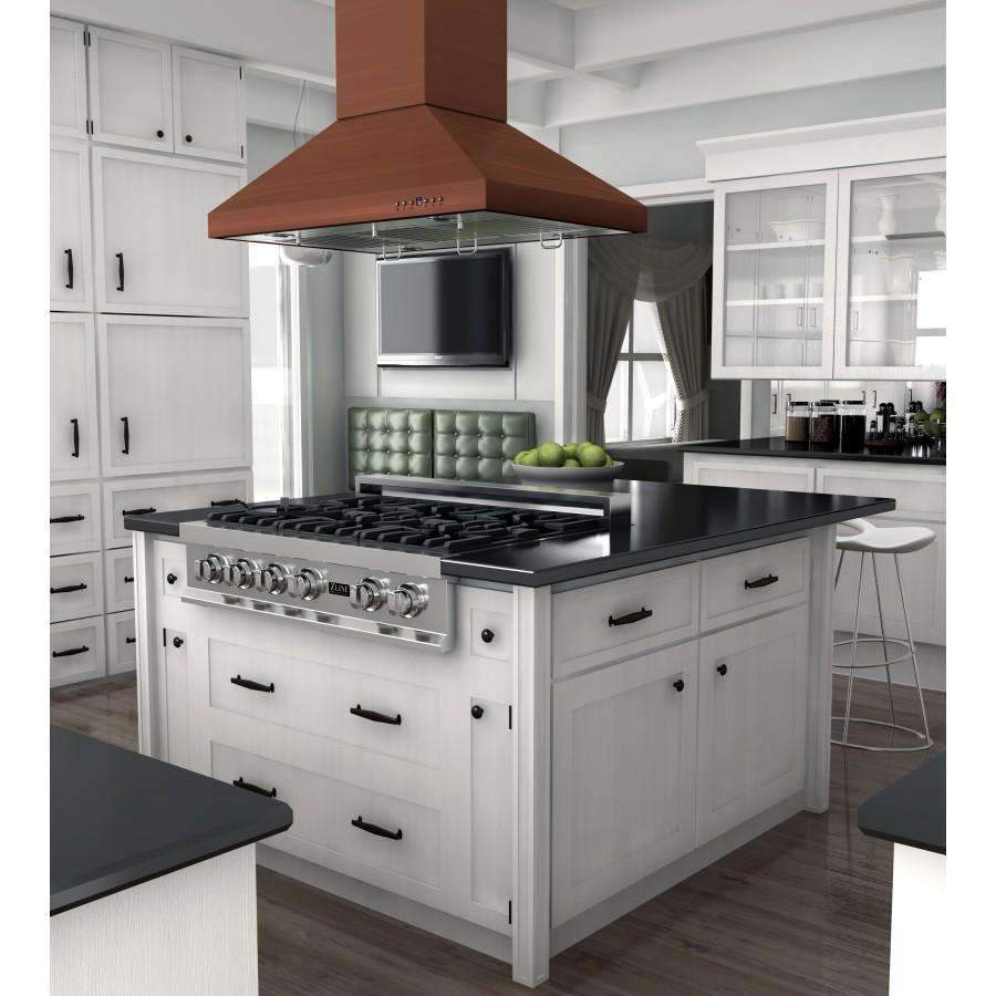 Copper island range hood over gas cooktop, vented canopy with chimney column