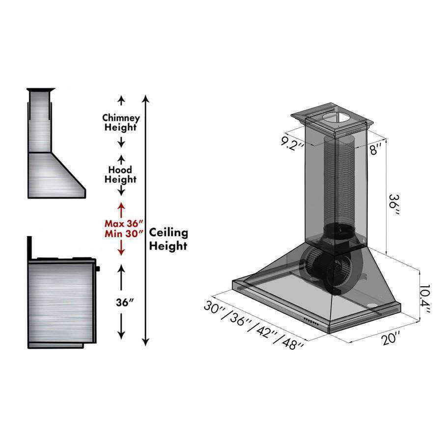 Copper wall range hood height and width dimension diagram.
