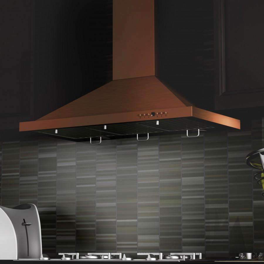 Copper range hood canopy with vent slots and control buttons.