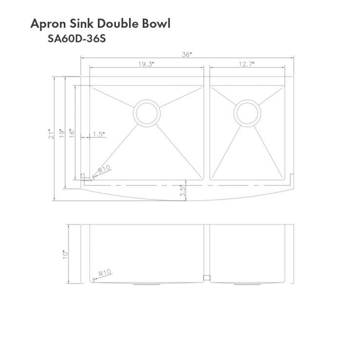 Line drawing dimensions for double-bowl apron sink, 36-inch width