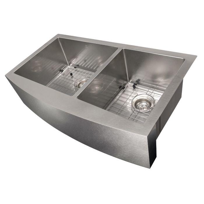 Stainless steel double-bowl apron kitchen sink with built-in bottom ledges